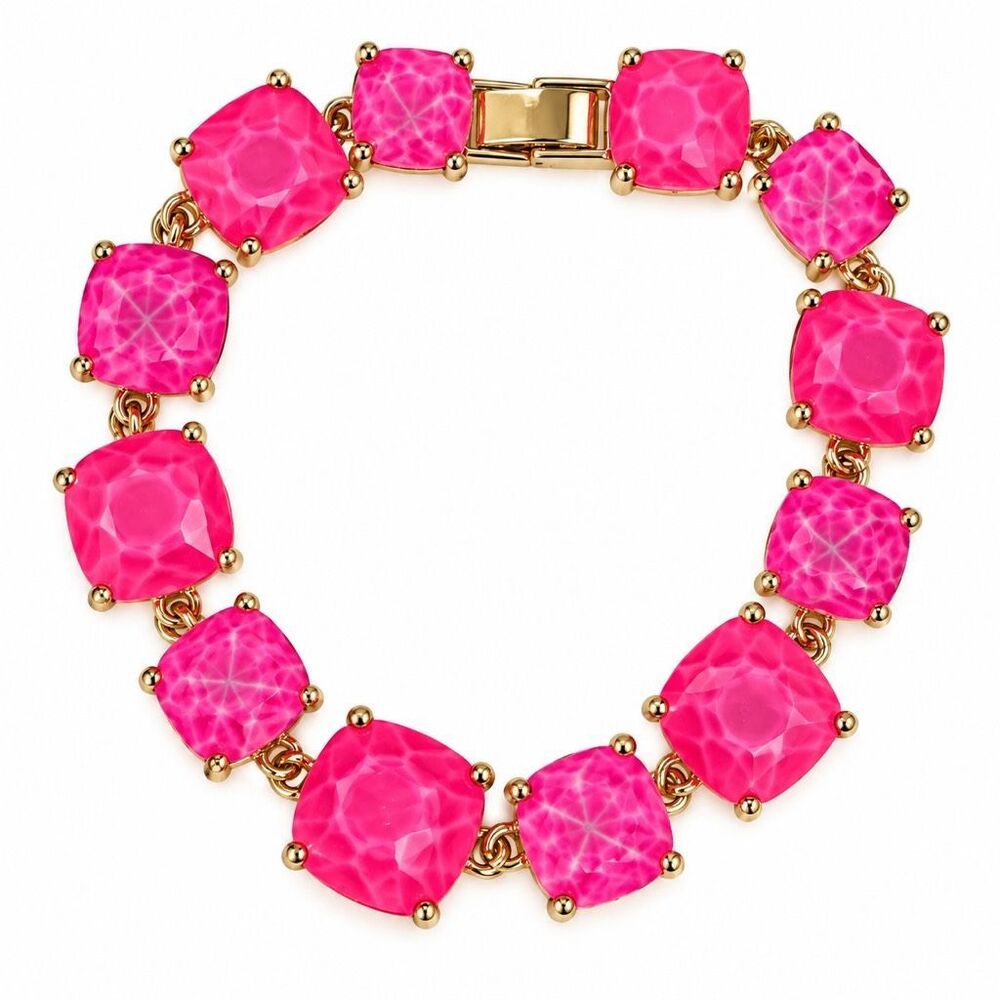 Gold Tone Hot Pink Faceted Crystal Cushion Cut Statement Bracelet